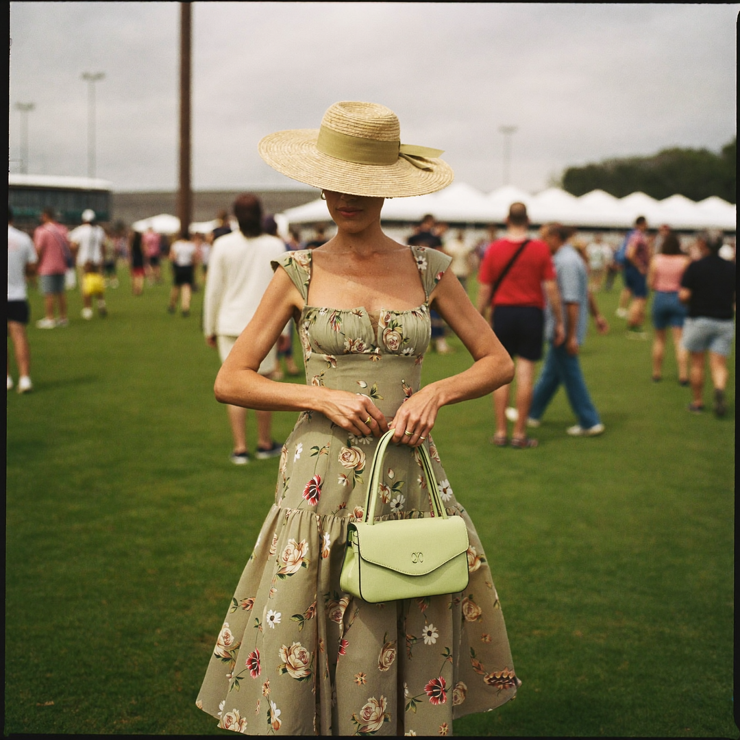 A woman in a floral midi dress and wide-brim straw hat standing on the lawn at an Australian spring racing carnival