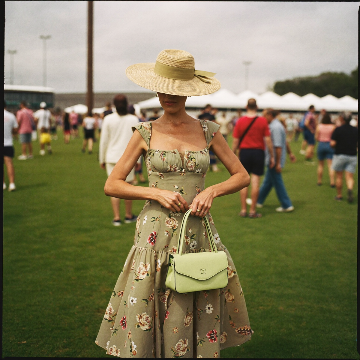 A woman in a floral midi dress and wide-brim straw hat standing on the lawn at an Australian spring racing carnival