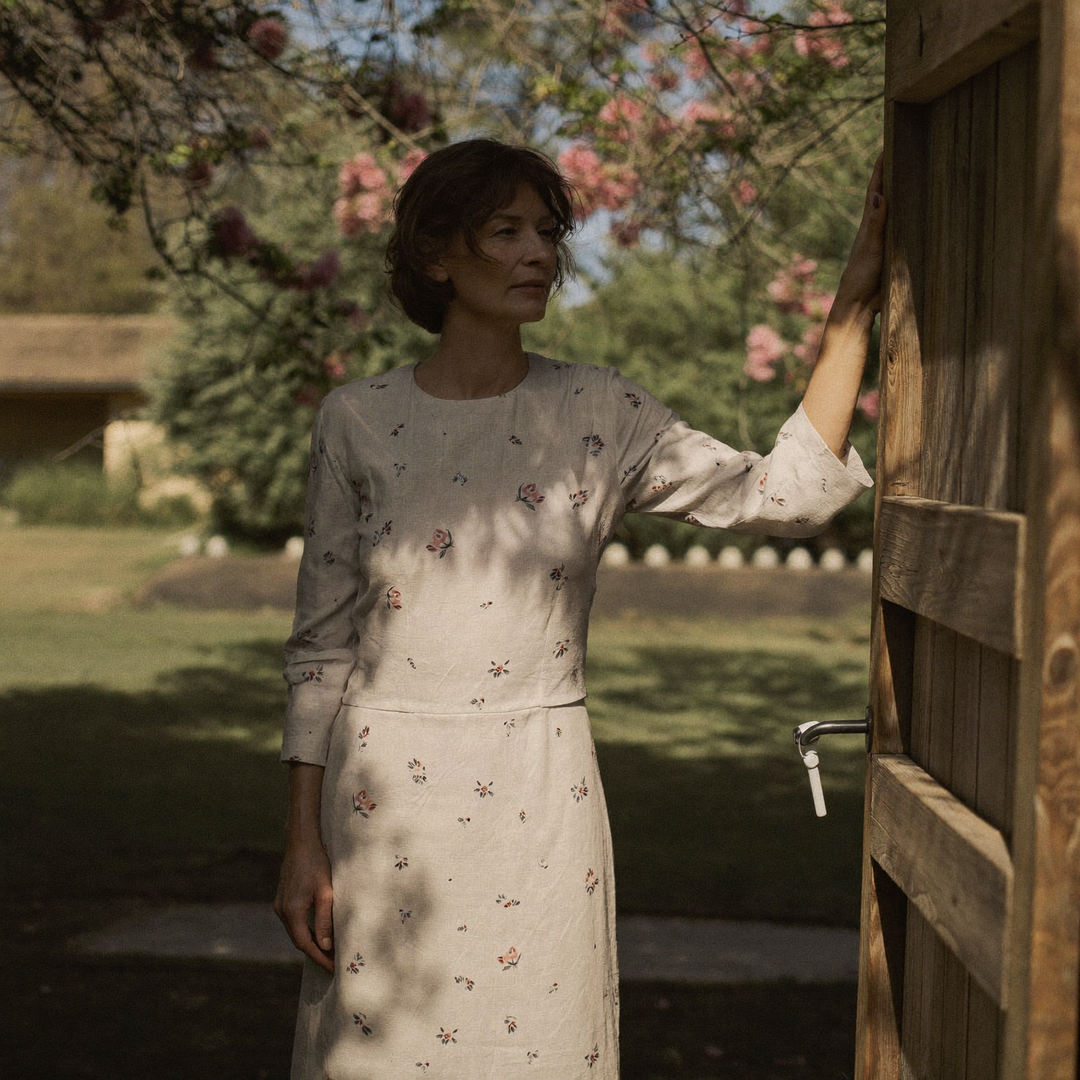 A woman in a floral midi dress with three-quarter length sleeves standing in a sunlit garden courtyard