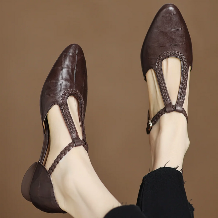 Women's Almond Toe T-Strap Braided Trim Buckle Mary Jane Shoes