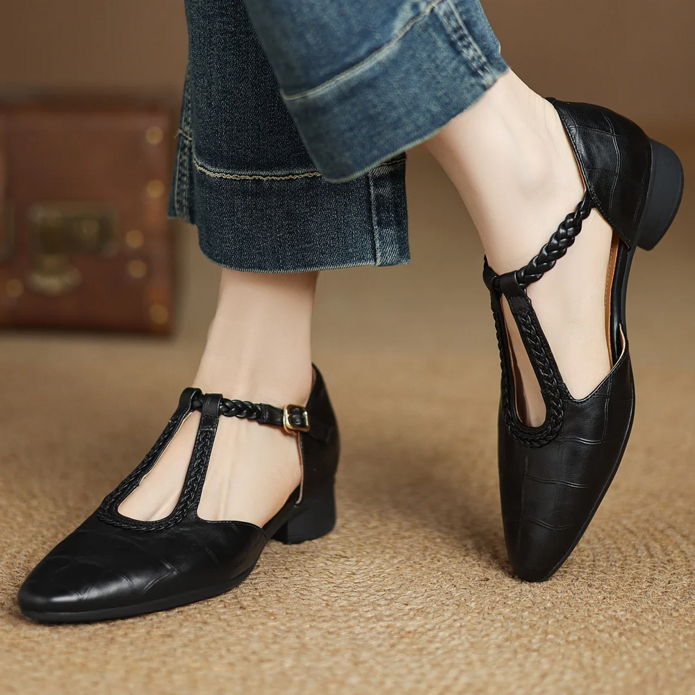 Women's Almond Toe T-Strap Braided Trim Buckle Mary Jane Shoes