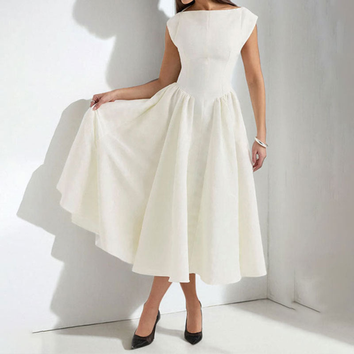 Women's Bateau Neck Cap Sleeve Fitted Bodice Full Skirt Midi Dress