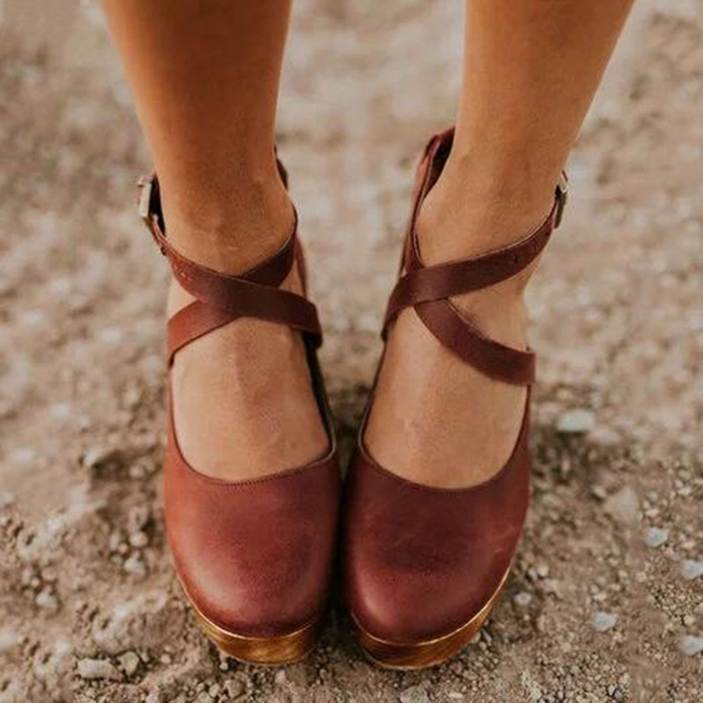 Women's Closed Round Toe Criss-Cross Strap Buckle Wood Platform Clog Heels side profile showing block heel