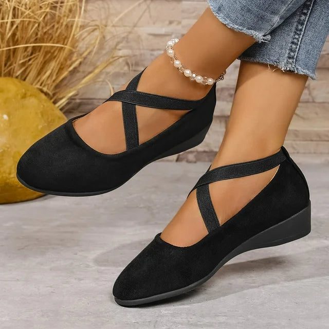 Women's Closed Round Toe Cross Strap Wedge Slip-On Mary Jane Shoes
