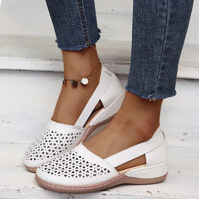 Women's Closed Round Toe Cutout Side Strap Slip-On Flat Shoes