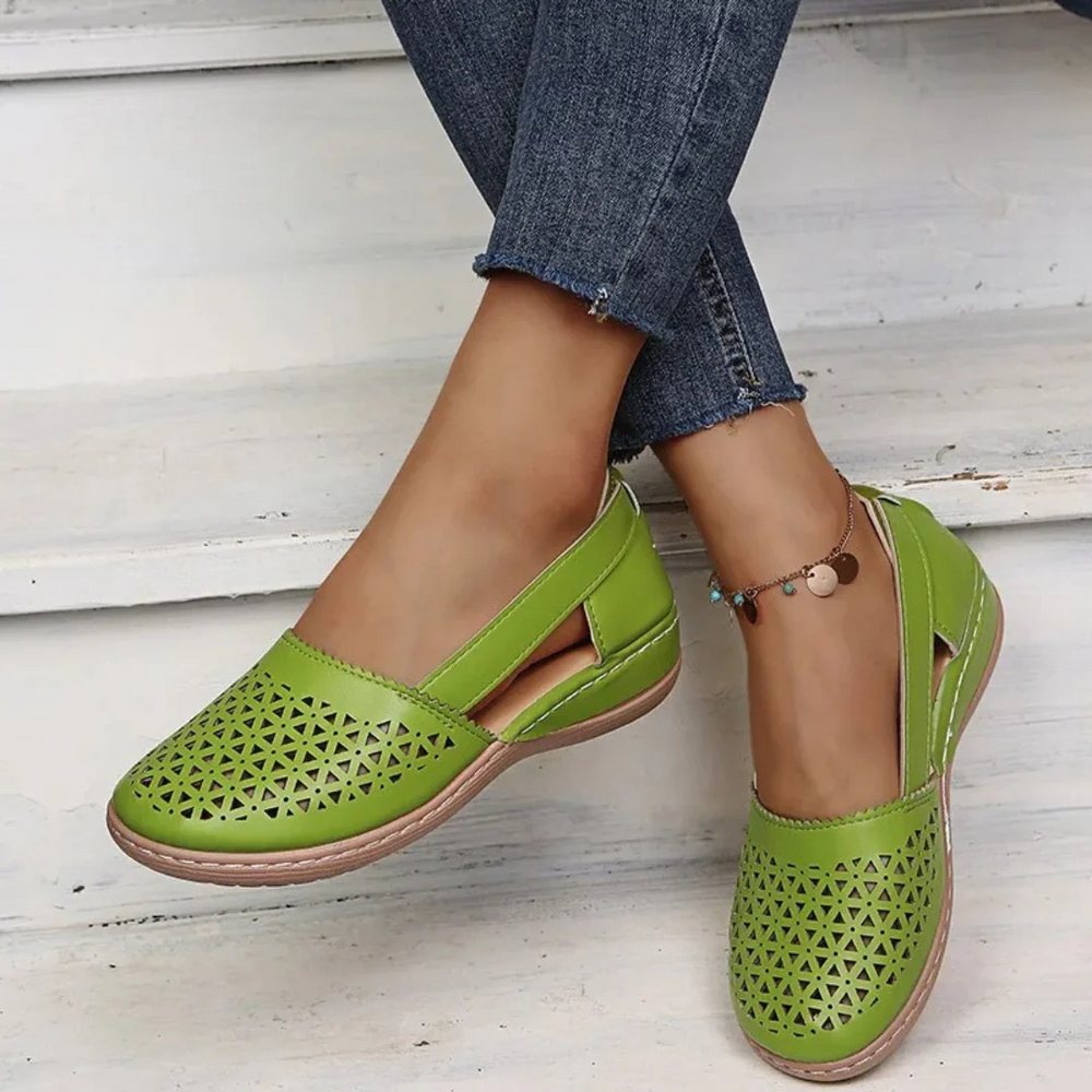 Women's Closed Round Toe Cutout Side Strap Slip-On Flat Shoes front view