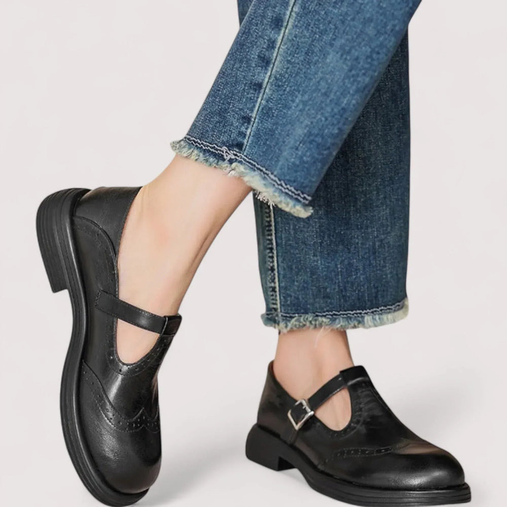 Women's Closed Round Toe T-Strap Brogue Buckle Block Heel Mary Jane Shoes side view
