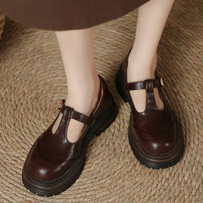 Women's Closed Round Toe T-Strap Platform Buckle Mary Jane Shoes