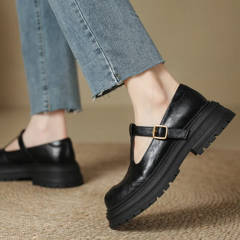 Women's Closed Round Toe T-Strap Platform Buckle Mary Jane Shoes