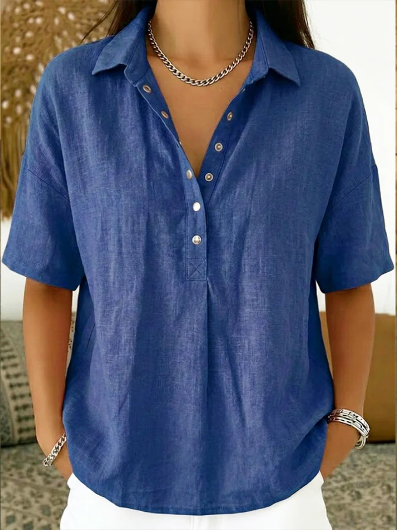 Women's Collared Button Front Short Sleeve Curved Hem Relaxed Shirt side view