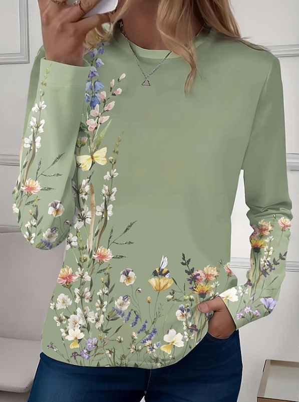 Women's Crew Neck Long Sleeve Floral Print Relaxed Fit Floral Shirt