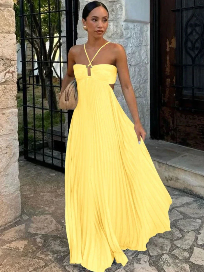 Women's Cross Strap Open Back Pleated Empire Waist Maxi Wedding Guest Dress