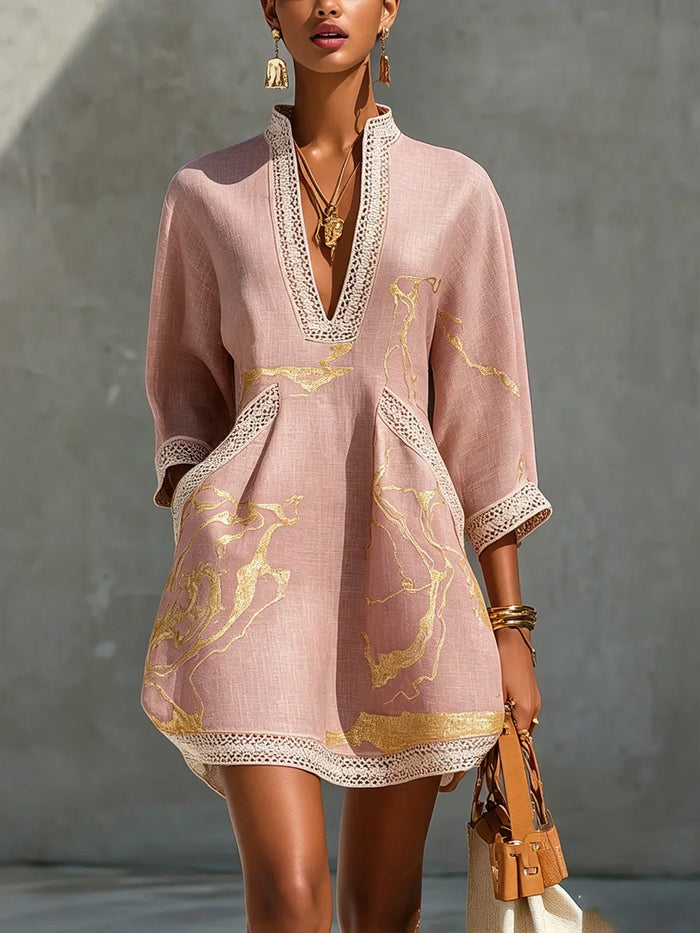 Women's Deep V-Neck Crochet Trim A-Line Embroidered Mini Lace Dress
