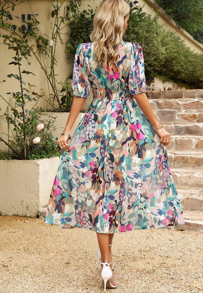 Women's Deep V-Neck Flutter Sleeve Floral Print Midi Summer Dress side view
