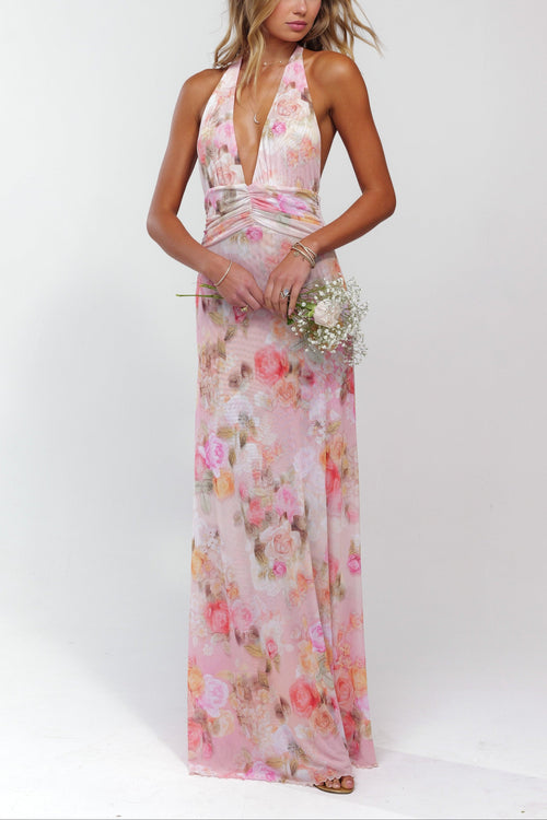 Women's Deep V-Neck Halter Tie-Back Floral Maxi Wedding Guest Dress