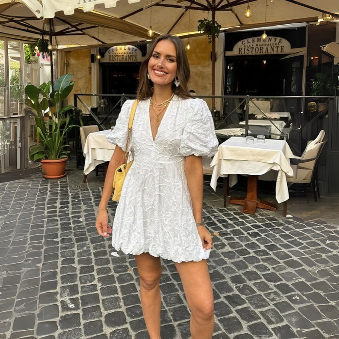 Women's Deep V-Neck Puff Sleeve Gathered Hem Lace Mini Dress