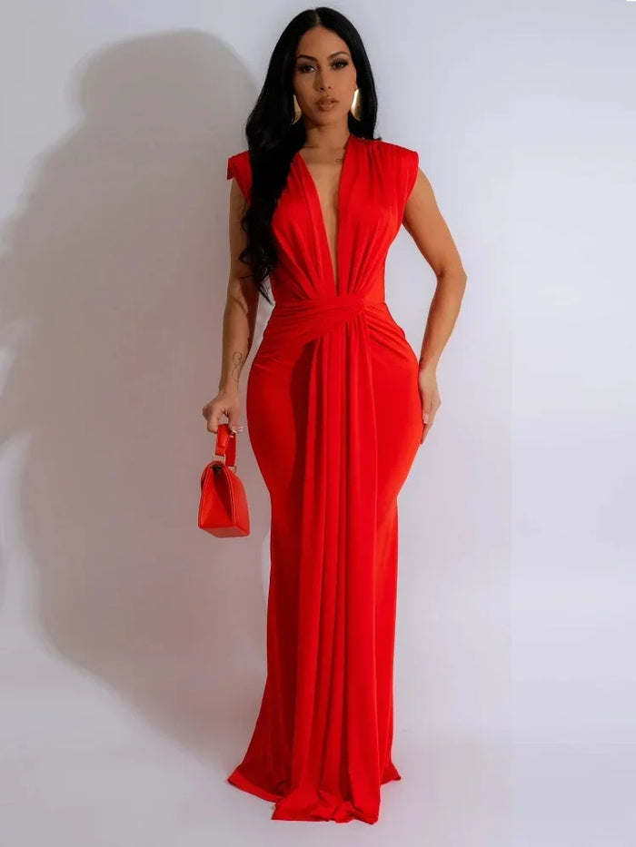 Women's Deep V-Neck Sleeveless Draped Waist Side Slit Maxi Dress
