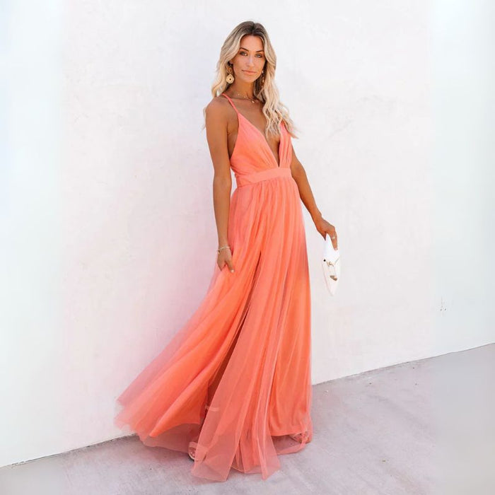 Women's Deep V-Neck Sleeveless Open Back Tiered Maxi Wedding Guest Dress