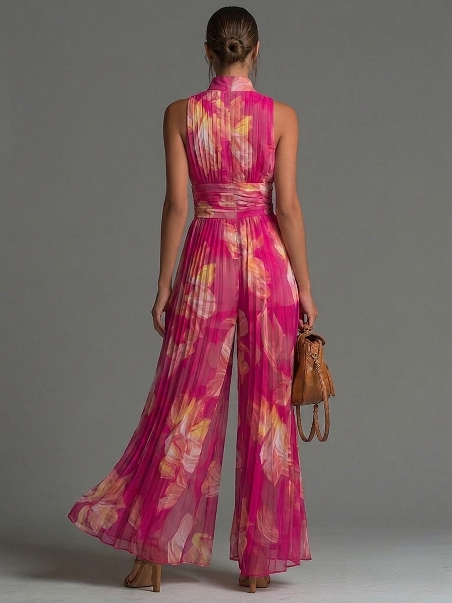 Women's Deep V-Neck Sleeveless Pleated Waist Wide-Leg Floral Jumpsuit side view