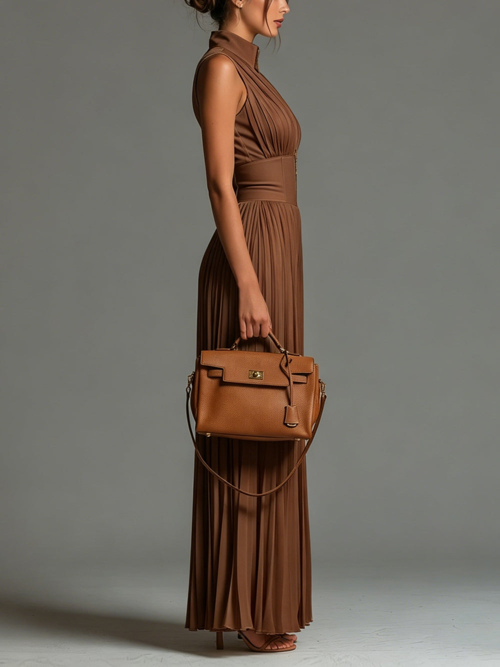 Women's Deep V-Neck Sleeveless Pleated Wide-Leg Brown Jumpsuit side view