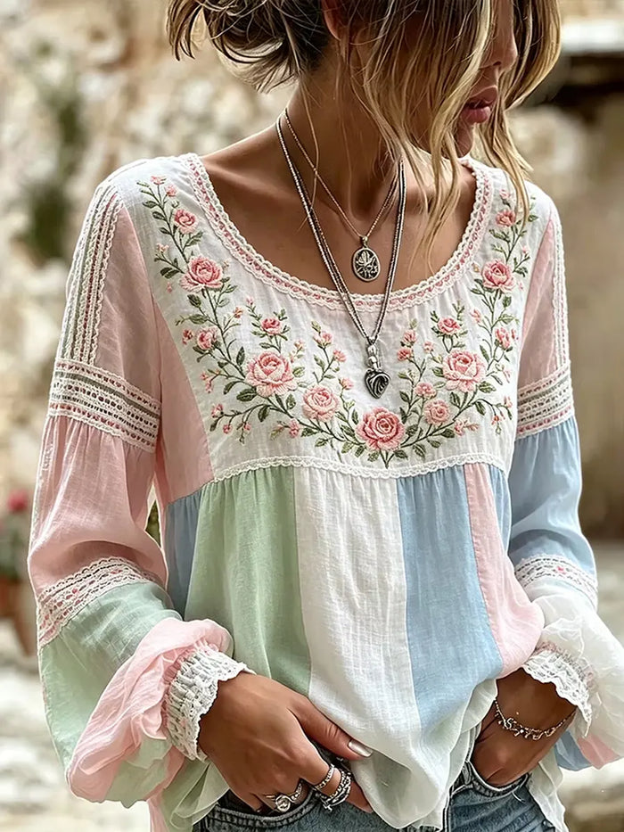 Women's Embroidered Round Neck Long Sleeve Button Front Blouse