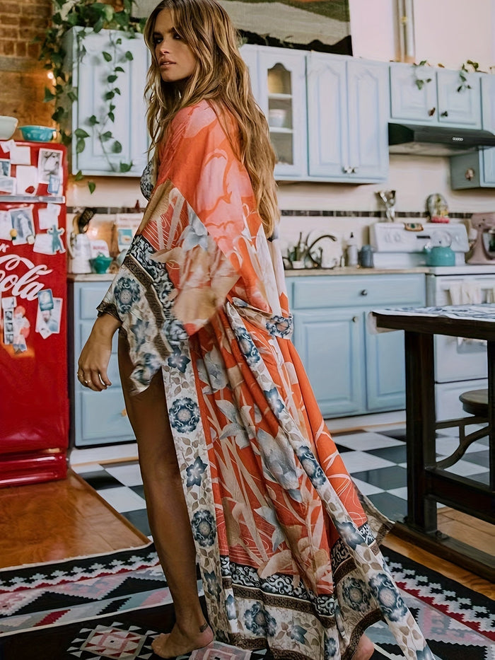 Women's Floral Print Batwing Sleeve Open Front Kimono