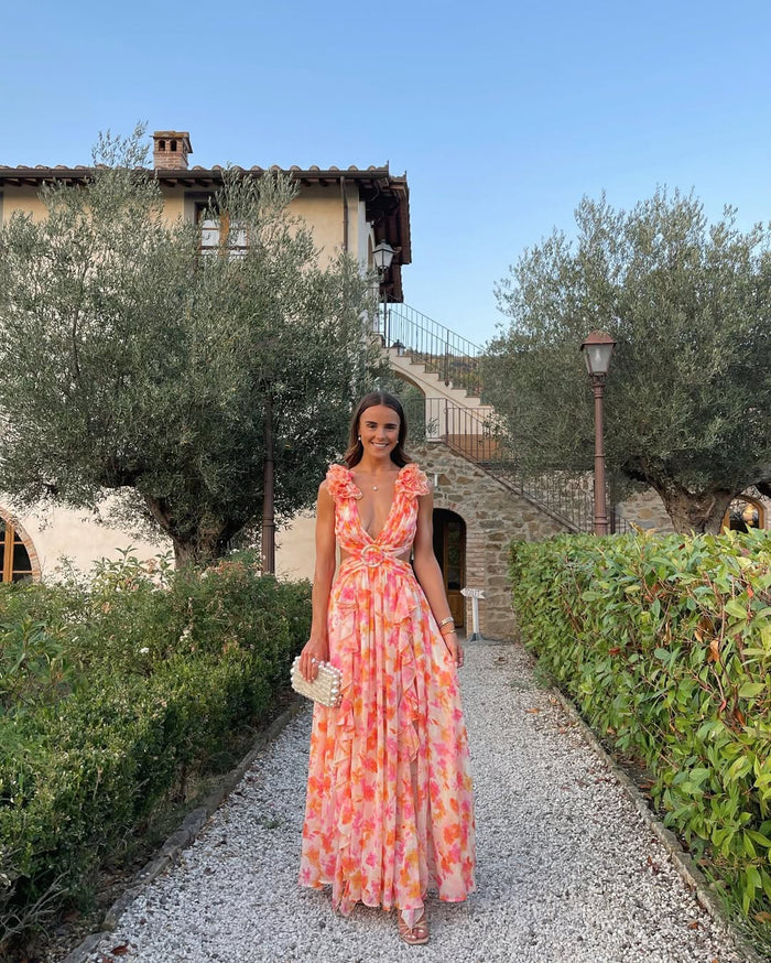 Women's Floral Print Cut-Out Waist Lace-Up Back Maxi Wedding Guest Dress