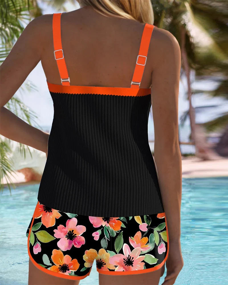 Women's Floral Print Scoop Neck Tank Top Shorts Tummy Control Swimsuit Set