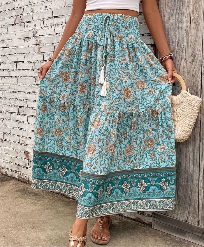 Women's Floral Print Smocked Waist Drawstring Tiered Floral Maxi Skirt