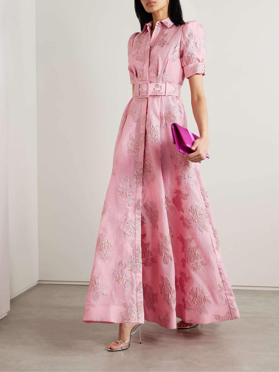 Women's Floral Shirt Collar Belted Puff Sleeve Maxi Wedding Guest Dress front view