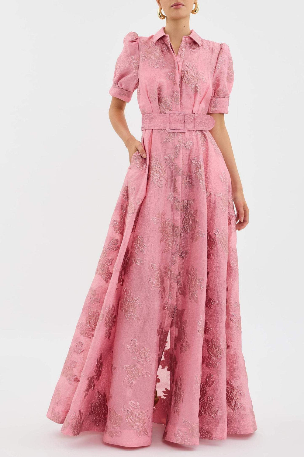 Women's Floral Shirt Collar Belted Puff Sleeve Maxi Wedding Guest Dress side view