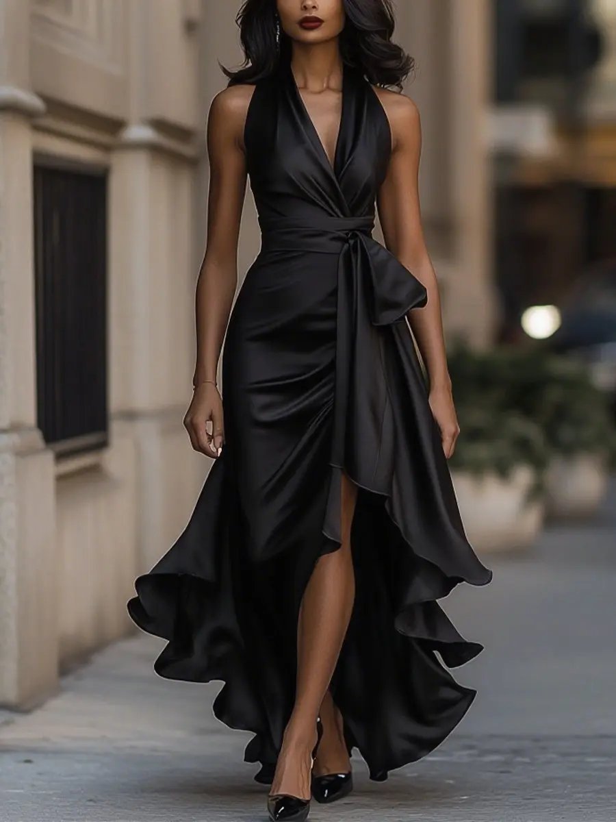 Women's Halter Deep V-Neck Wrap Front Ruffle Hem Maxi Evening Dress front view