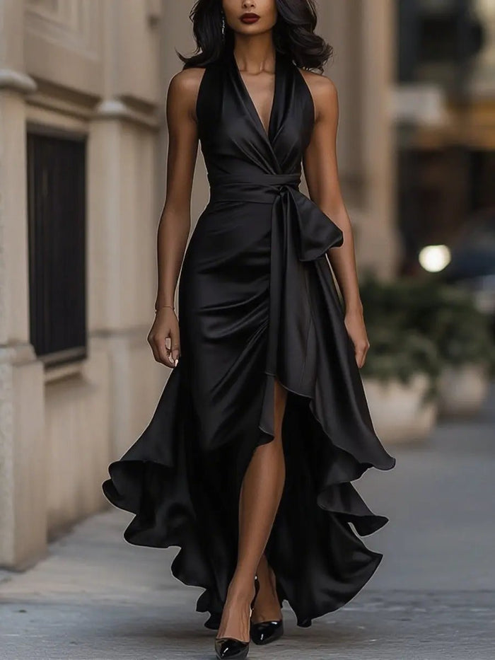 Women's Halter Deep V-Neck Wrap Front Ruffle Hem Maxi Evening Dress