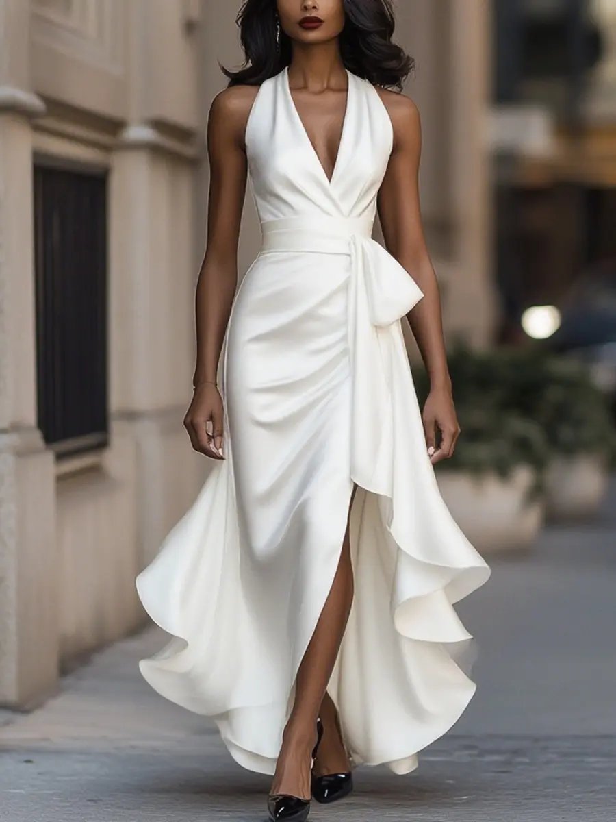 Women's Halter Deep V-Neck Wrap Front Ruffle Hem Maxi Evening Dress halter neckline detail