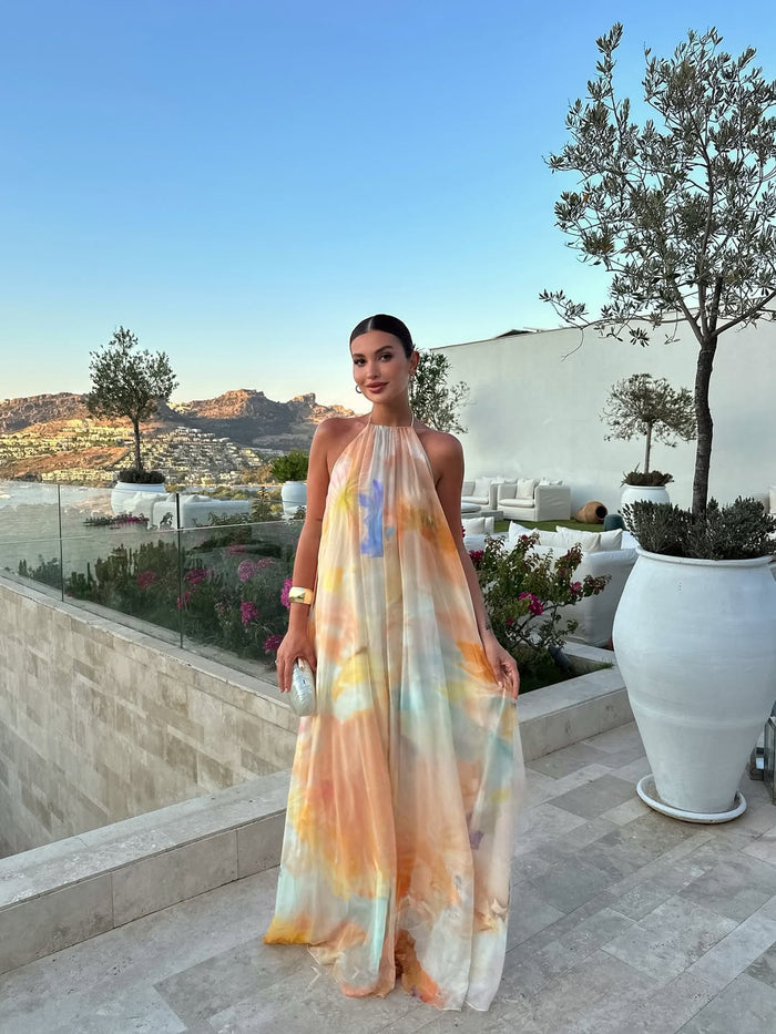 Women's Halter Neck Backless Printed Flowing Maxi Wedding Guest Dress