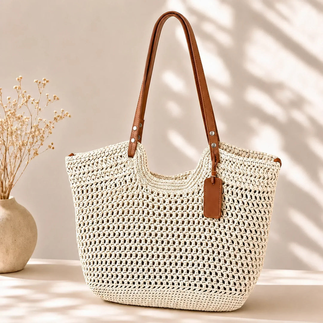 Women's Handwoven Open Weave Crochet Tote Bag with Straps front view