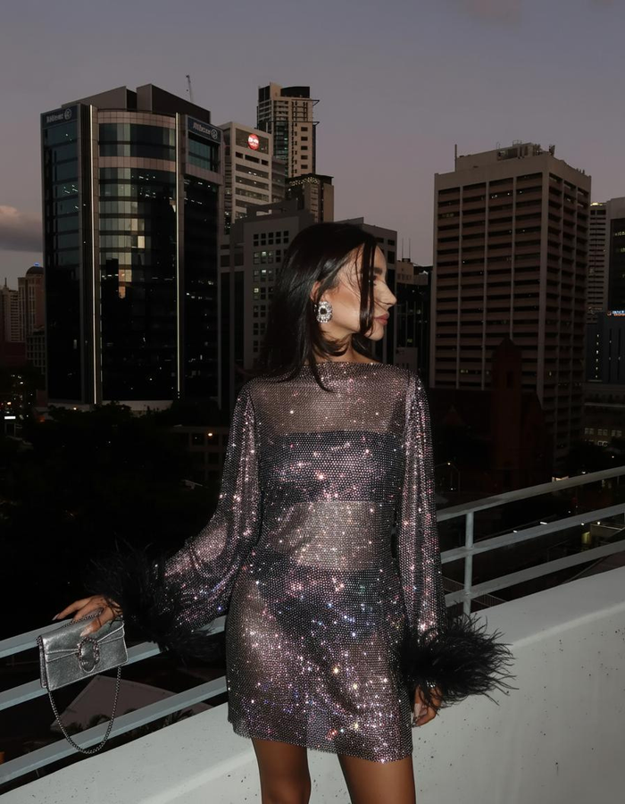 Women's High Neck Long Sleeve Feather Cuff Sequin Mini Dress