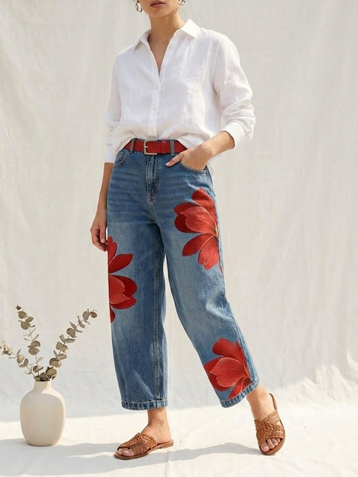 Women's High Waist Floral Print Wide-Leg Denim Jeans
