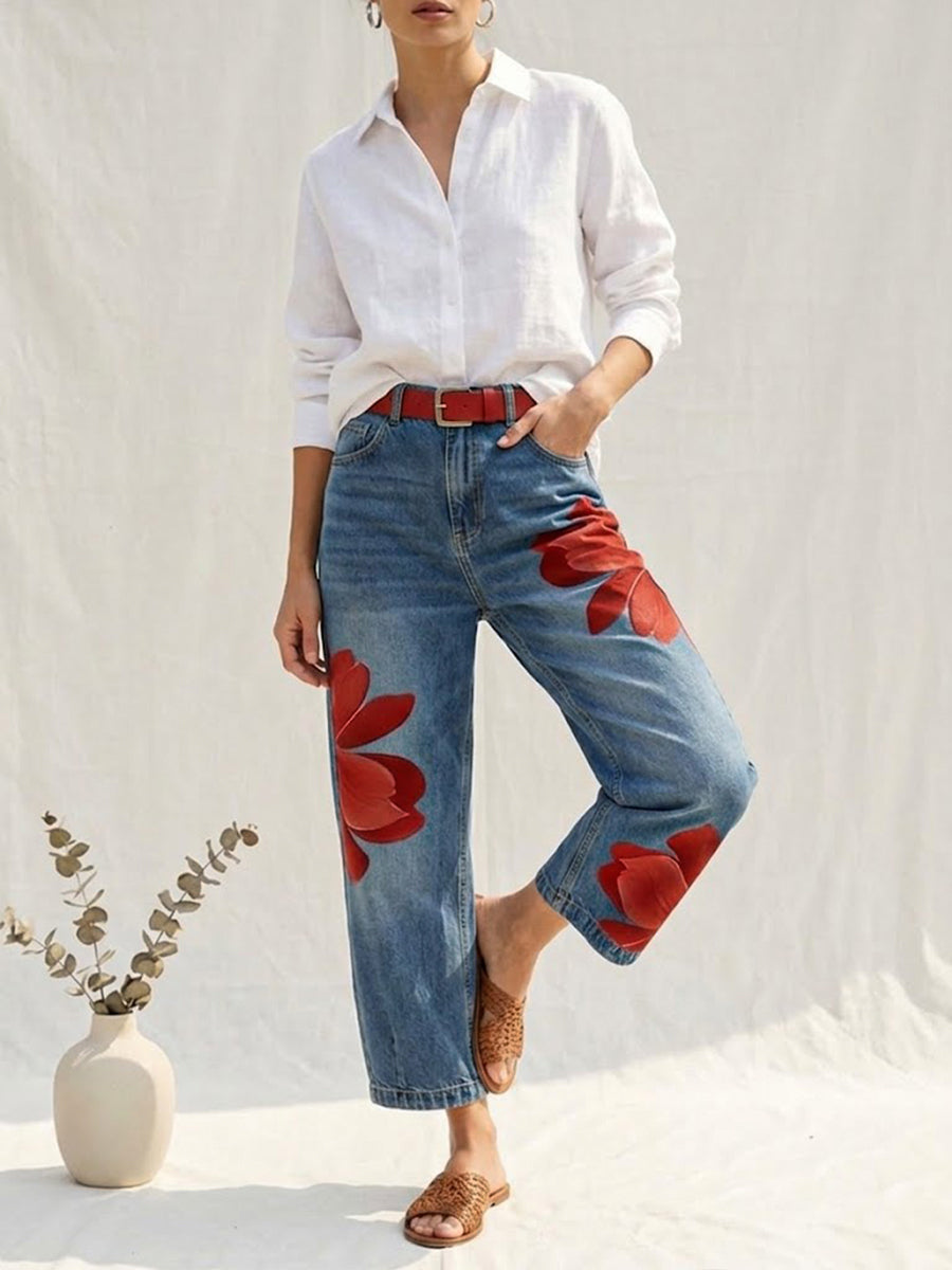 Women's High Waist Floral Print Wide-Leg Denim Floral Jeans side view