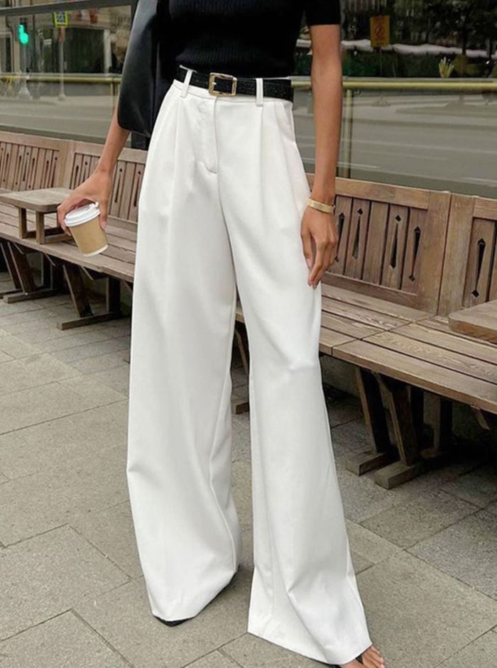 Women's High Waist Pleated Front Full Length Wide-Leg Office Pants