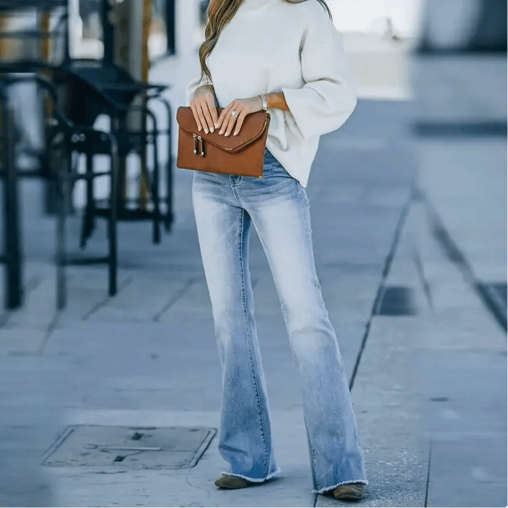 Women's High Waist Slim Flare Button Fly Denim Jeans side flare detail