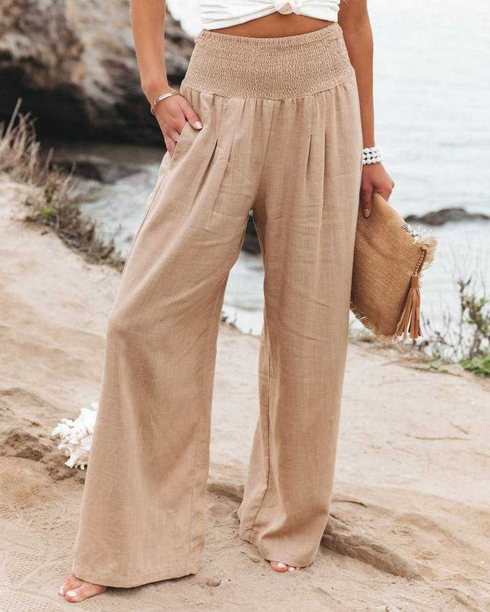 Women's High Waist Smocked Pull-On Side Pocket Wide Leg Pants