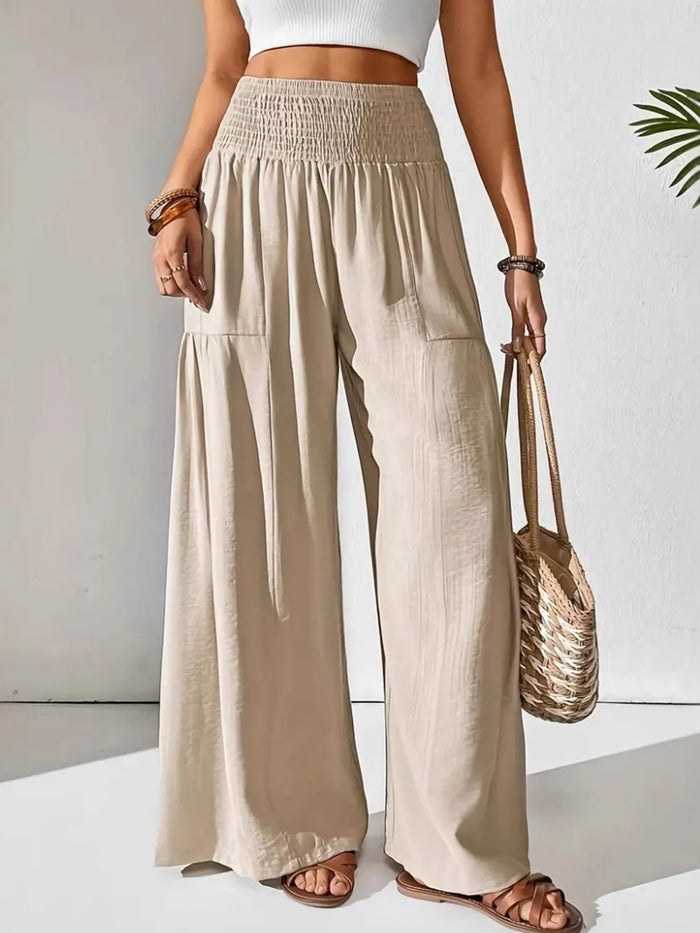 Women's High Waist Smocked Wide Leg Pull On Wide Leg Pants