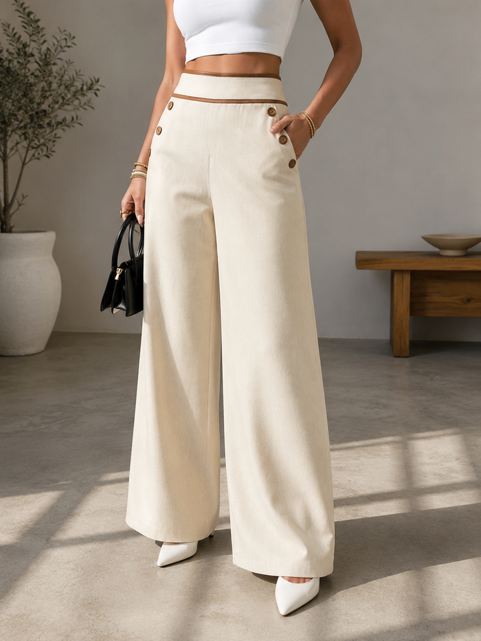Women's High Waist Wide Leg Side Button Front Seam Pants