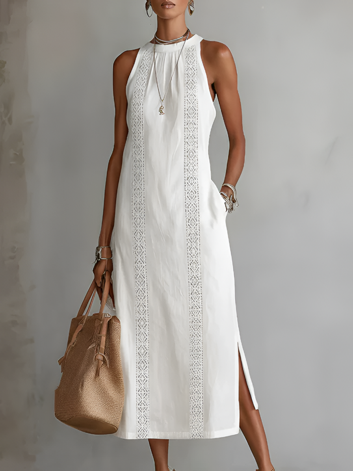 Women's Mandarin Collar Sleeveless Embroidered Relaxed Midi Dress