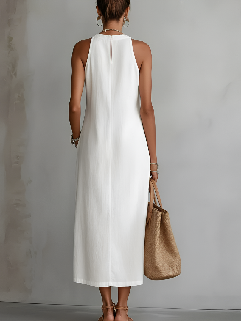 Women's Mandarin Collar Sleeveless Embroidered Relaxed Midi Dress side view