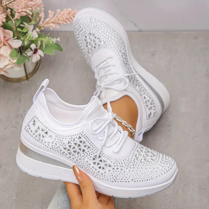 Women's Mesh Upper Rhinestone Lace-Up Low Top Platform Sneakers