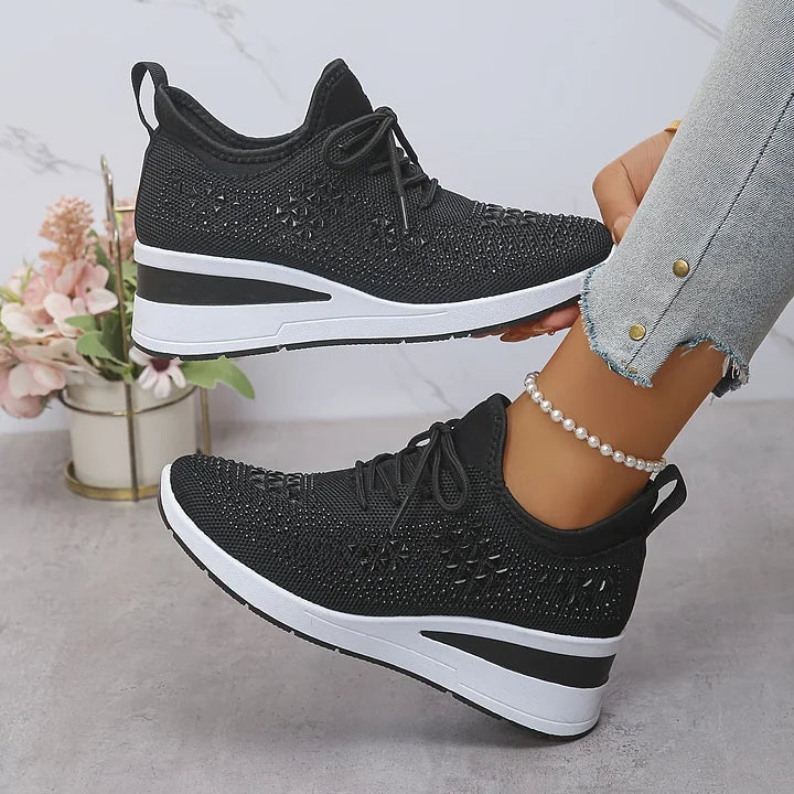 Women's Mesh Upper Rhinestone Lace-Up Low Top Platform Sneakers side view