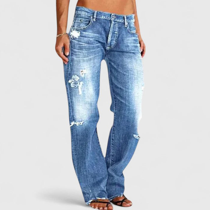 Women's Mid Rise Distressed Straight Leg Denim Jeans