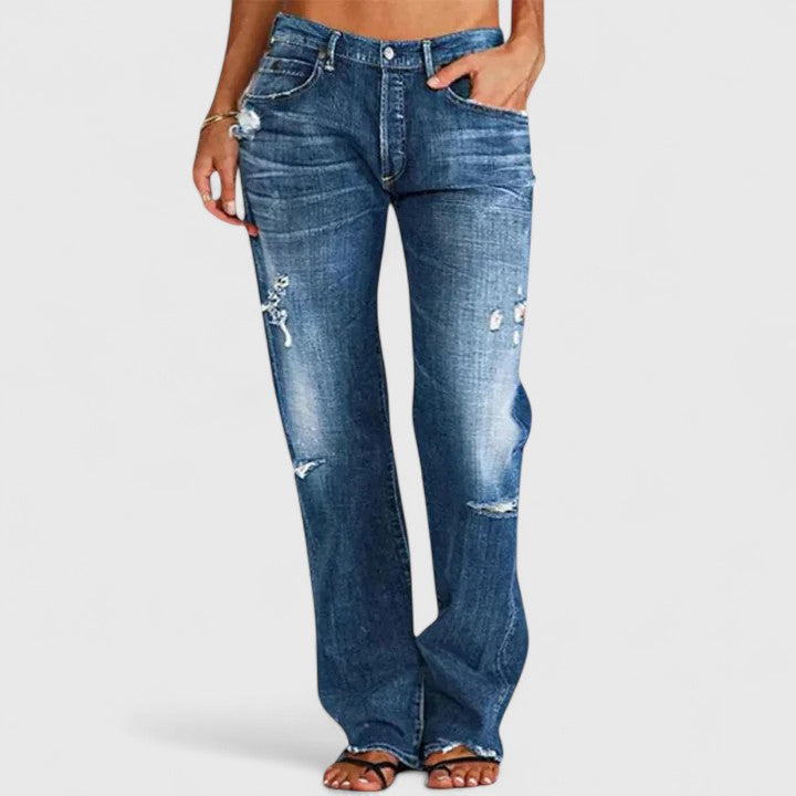 Women's Mid Rise Distressed Straight Leg Denim Jeans back view